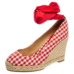 Christian Louboutin White/Red Canvas Espadrille Wedge Sandals Size 37, Sandals - Luxury Closet