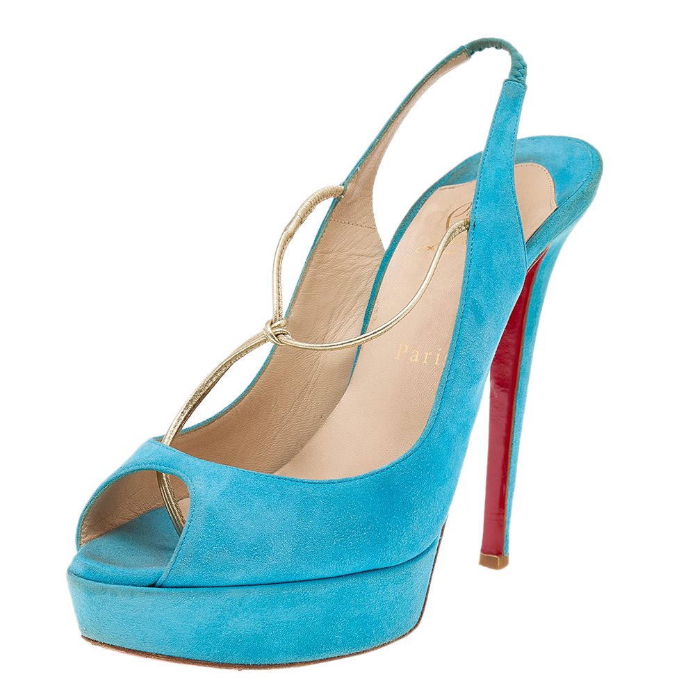 Christian Louboutin Blue Suede Alta Spritney Platform Slingback Sandals Size 40, Sandals - Luxury Closet