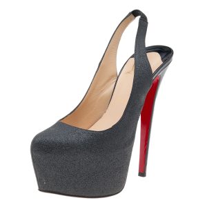 Christian Louboutin Dark Grey Glitter Slingback Platform Sandals Size 39, Sandals - Luxury Closet