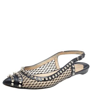Christian Louboutin Black Leather And Mesh Spiked Flat Sandals Size 37, Sandals - Luxury Closet