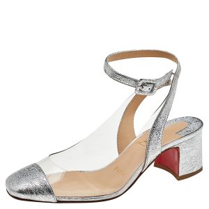 Christian Louboutin Silver Crinkled Leather And PVC Asticocotte Ankle Strap Sandals Size 35, Sandals - Luxury Closet