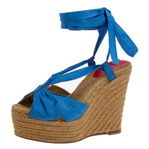 Christian Louboutin Blue Silk Wedge Espadrille Ankle Wrap Sandals Size 40, Sandals - Luxury Closet