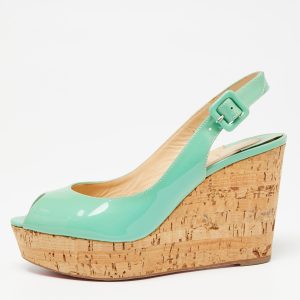 Christian Louboutin Green Patent Leather Peep Toe Wedge Sandals Size 36, Sandals - Luxury Closet