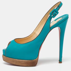 Christian Louboutin Turquoise Leather Peep-Toe Platform Slingback Sandals Size 38.5, Sandals - Luxury Closet