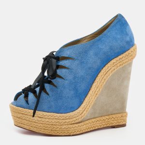 Christian Louboutin Blue/Grey Suede Lace Up Espadrille Platform Wedge Sandals Size 37, Sandals - Luxury Closet