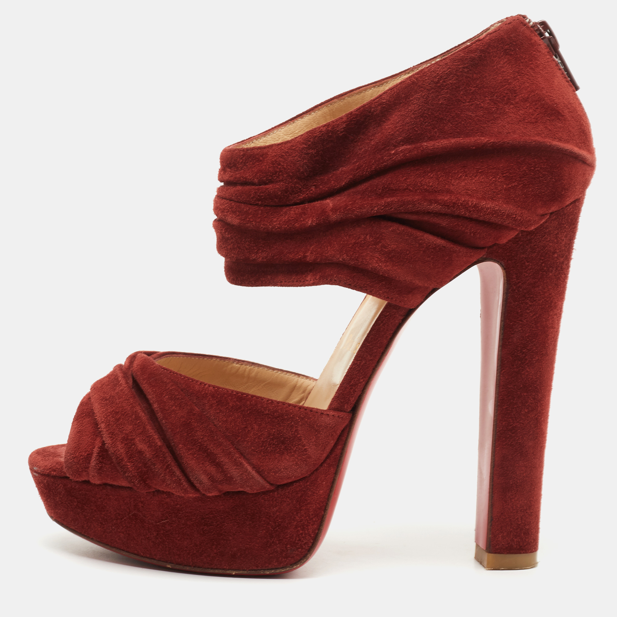 Christian Louboutin Rust Red Suede Pleated Bandra Zip Platform Sandals Size 37, Sandals - Luxury Closet
