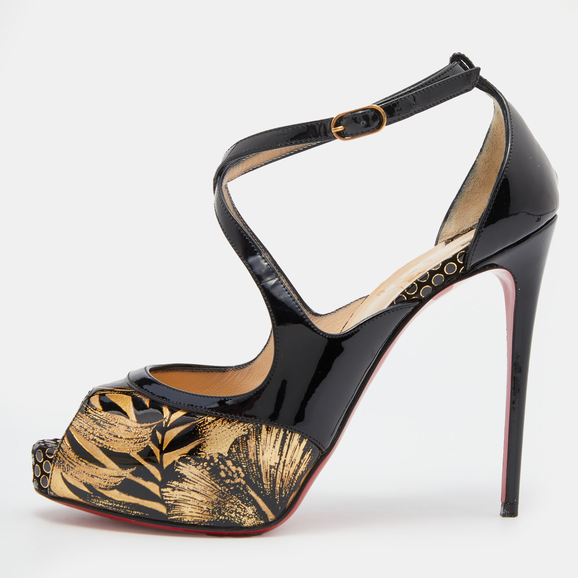 Christian Louboutin Black/Gold Patent Leather Criss Cross Peep Toe Platform Sandals Size 36, Sandals - Luxury Closet