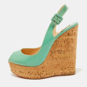 Christian Louboutin Green Patent Leather Une Plume Cork Wedge Sandals Size 37.5, Sandals - Luxury Closet