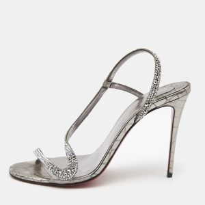 Christian Louboutin Metallic Grey Crystal Embellished Suede Rosalie Sandals Size 39.5, Sandals - Luxury Closet