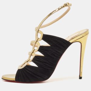 Christian Louboutin Black/Gold Suede and Leather Tina Sandals Size 37.5, Sandals - Luxury Closet