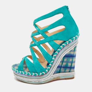 Christian Louboutin Green Suede Caged Espadrille Tosca Wedge Platform Sandals Size 39, Sandals - Luxury Closet