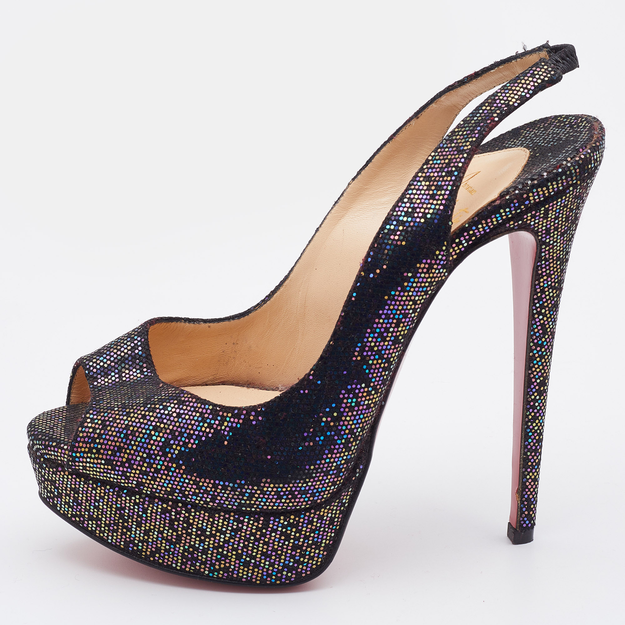 Christian Louboutin Multicolor Glitter Fabric Lady Peep-Toe Platform Slingback Sandals Size 36, Sandals - Luxury Closet