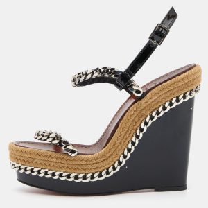 Christian Louboutin Black Patent Leather Pyraclou Espadrille Wedge Sandals Size 39, Sandals - Luxury Closet