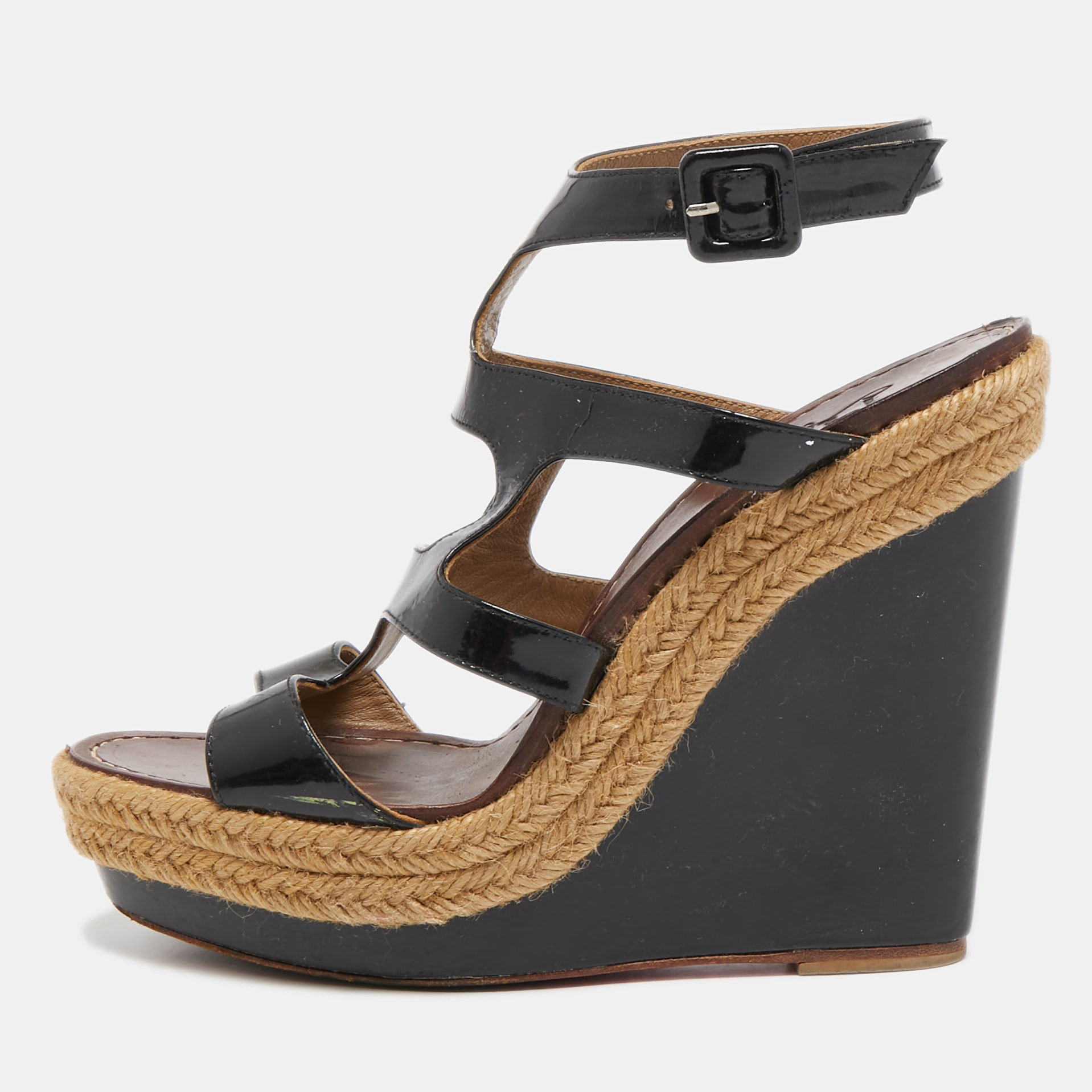 Christian Louboutin Black Patent Leather Strappy Wedge Sandals Size 39, Sandals - Luxury Closet