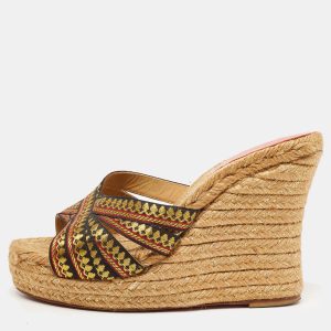 Christian Louboutin Tricolor Lace Espadrille Wedge Slide Sandals Size 37, Sandals - Luxury Closet