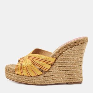 Christian Louboutin Yellow/Gold Lace Espadrille Wedge Slide Sandals Size 37, Sandals - Luxury Closet
