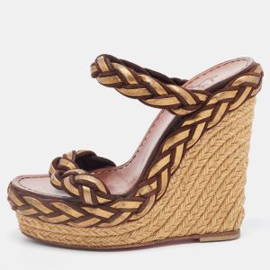 Christian Louboutin Brown/Gold Braided Leather and Suede Espadrille Wedge Sandals Size 35, Sandals - Luxury Closet