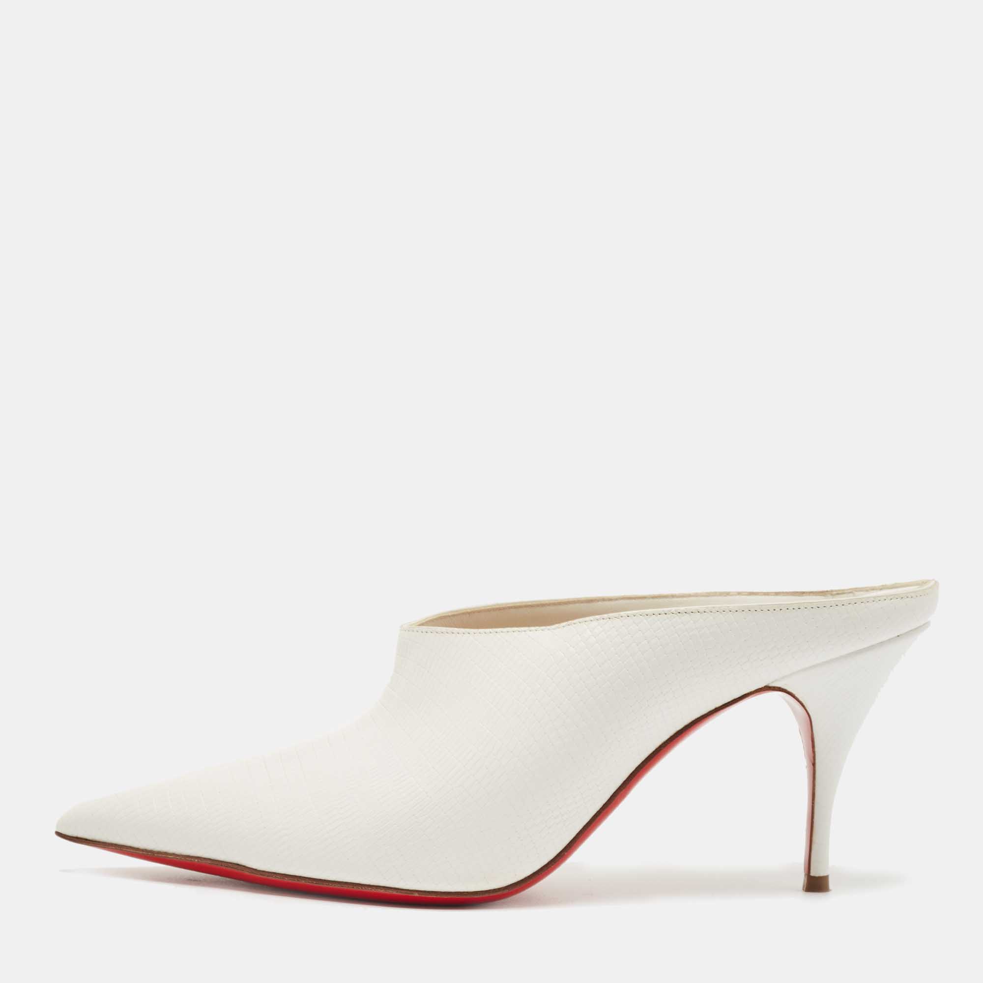 Christian Louboutin White Lizard Embossed Quart Mules Size 37.5, Sandals - Luxury Closet