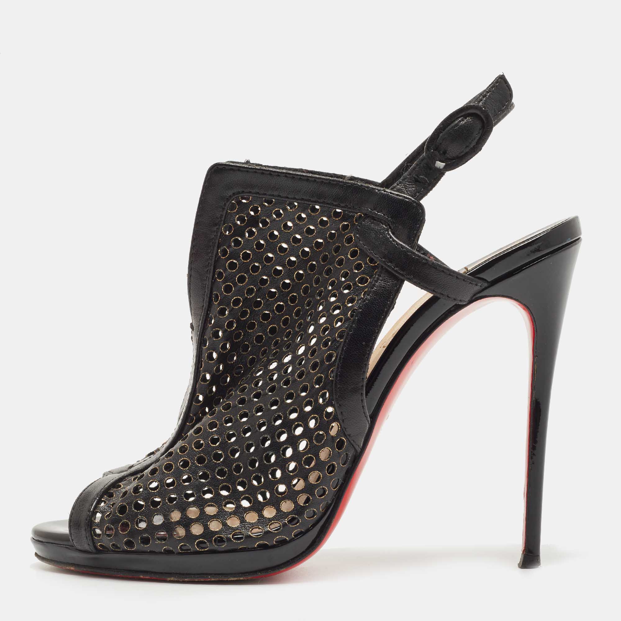 Christian Louboutin Black Laser Cut Leather Escriminette Sandals Size 37, Sandals - Luxury Closet