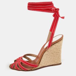 Christian Louboutin Red Fabric Wedge Espadrille Ankle Wrap Sandals Size 37, Sandals - Luxury Closet