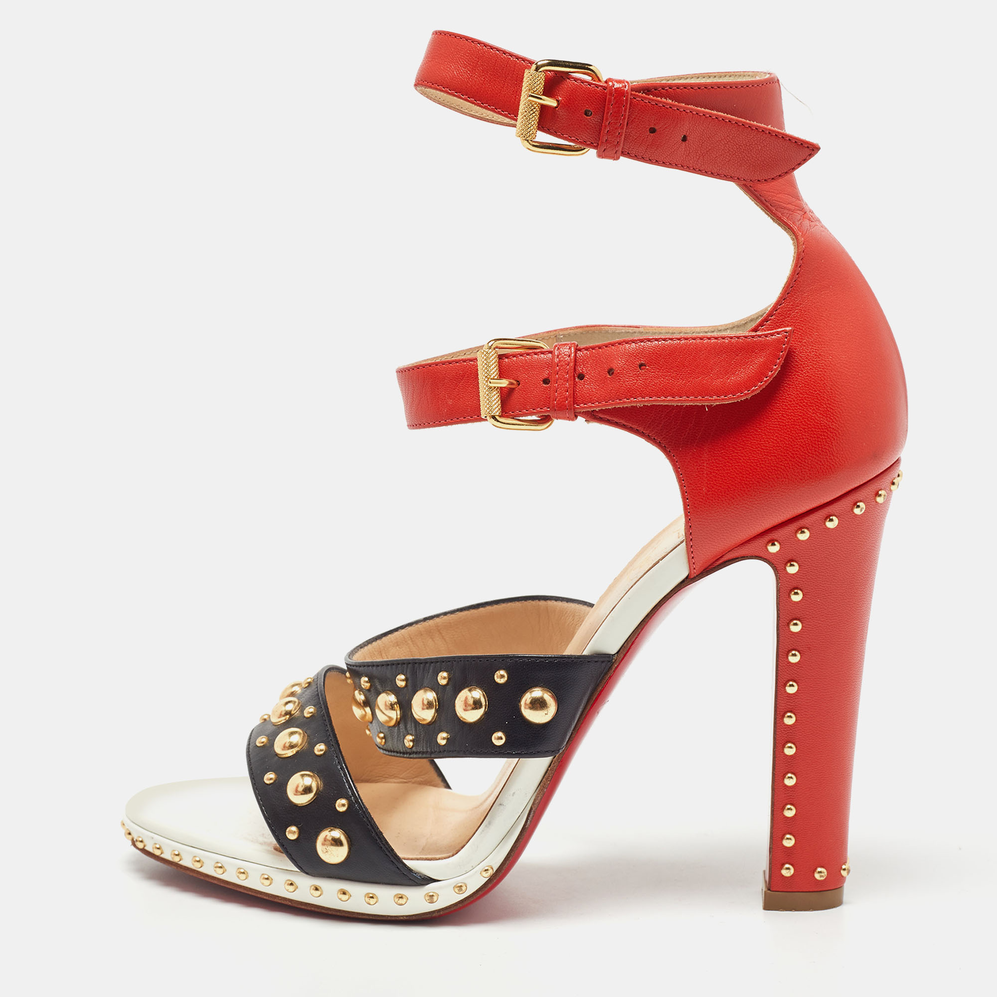 Christian Louboutin Black/Orange Leather Decodame Studded Sandals Size 39, Sandals - Luxury Closet