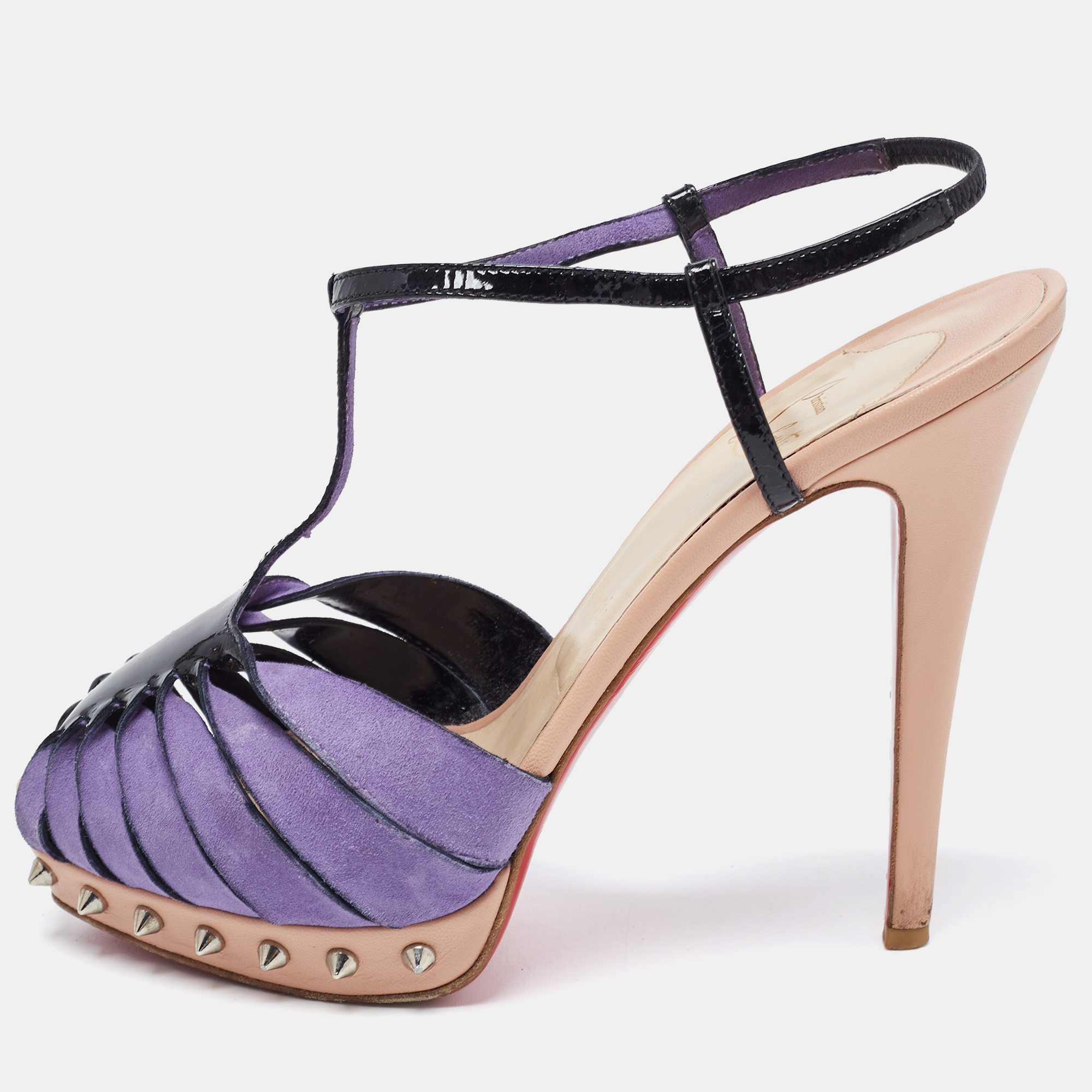 Christian Louboutin Purple/Black Suede and Patent Leather Zigounette Spiked Slingback Sandals Size 38.5, Sandals - Luxury Closet