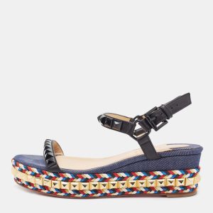 Christian Louboutin Black/Blue Leather And Denim Pyraclou Wedge Platform Sandals Size 36, Sandals - Luxury Closet