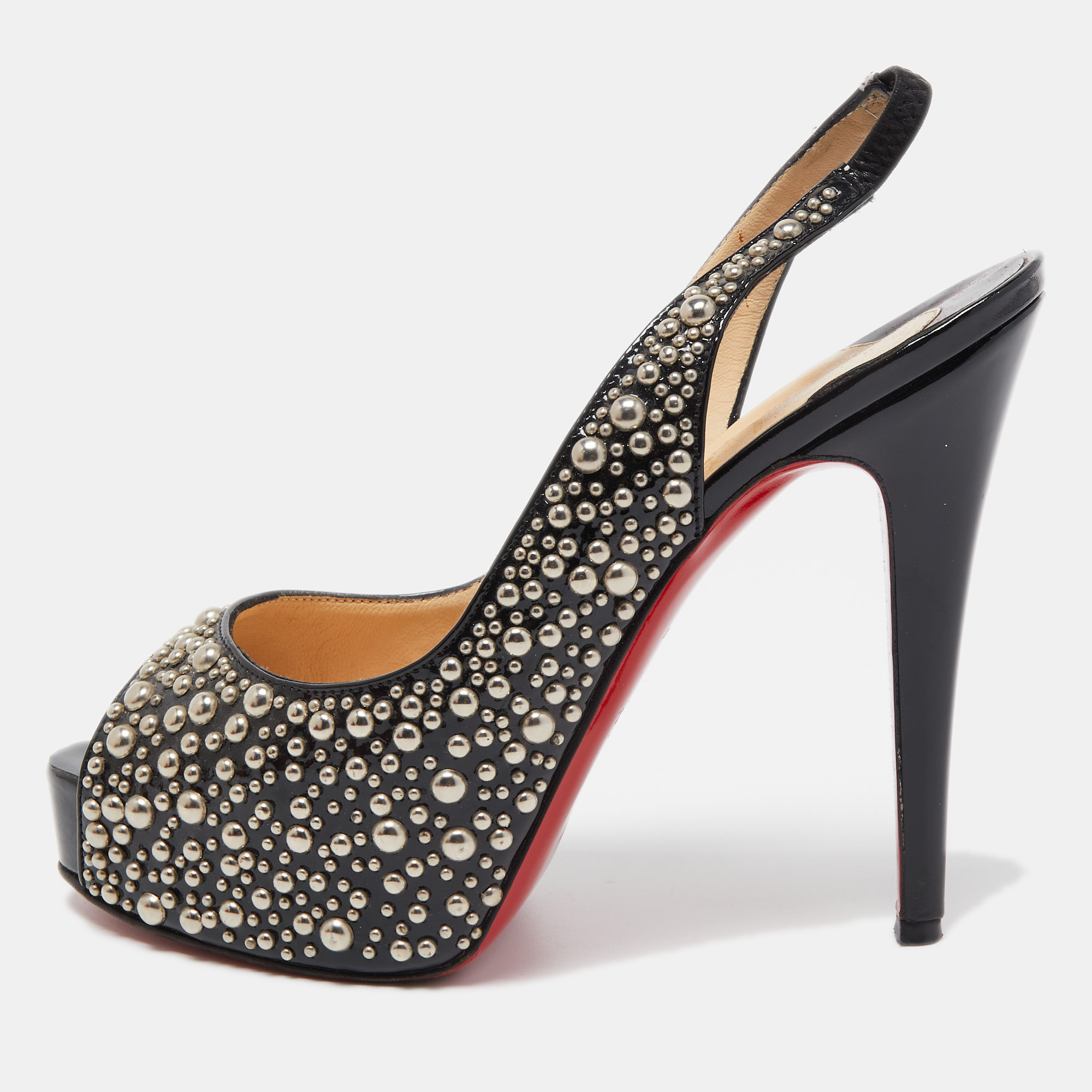 Christian Louboutin Black Studded Patent Leather Star Prive Peep Toe Slingback Sandals Size 36, Sandals - Luxury Closet