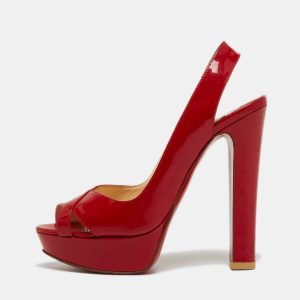 Christian Louboutin Red Patent Leather Marpoil Peep Toe Platform Slingback Sandals Size 37.5, Sandals - Luxury Closet