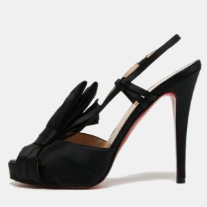 Christian Louboutin Black Satin Bow Slingback Sandals Size 37.5, Sandals - Luxury Closet
