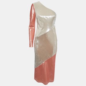 Diane Von Furstenberg Off-White/Light Orange Sequined Silk One Shoulder Midi Dress S, Dresses - Luxury Closet