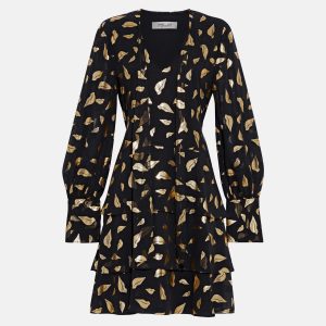Diane Von Furstenberg Black Foil Print Crepe Tiered Dress M (US 6), Dresses - Luxury Closet catalog