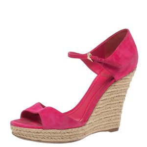 Dior Pink Suede Optique Wedge Ankle Strap Sandals Size 39.5, Sandals - Luxury Closet