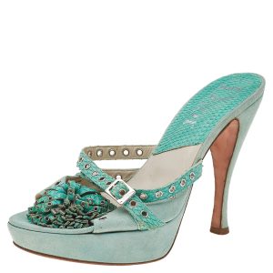 Dior Aqua Green Suede And Python Embossed Leather Eyelet Detail Platform Slide Sandals Size 39, Sandals - Luxury Closet