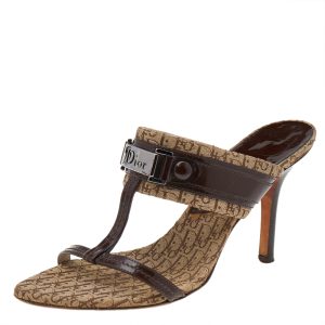 Dior Brown Canvas And Patent Leather T-Strap Sandals Size 38, Sandals - Luxury Closet