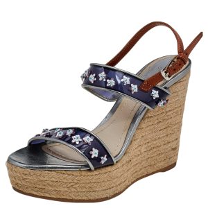 Dior Blue/Brown PVC And Leather Flower Embellished Wedge Platform Espadrille Sandals Size 38.5, Sandals - Luxury Closet