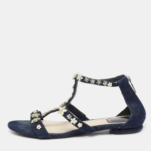 Dior Blue Denim Jewel Embellished Strappy Flat Sandals Size 38.5, Sandals - Luxury Closet