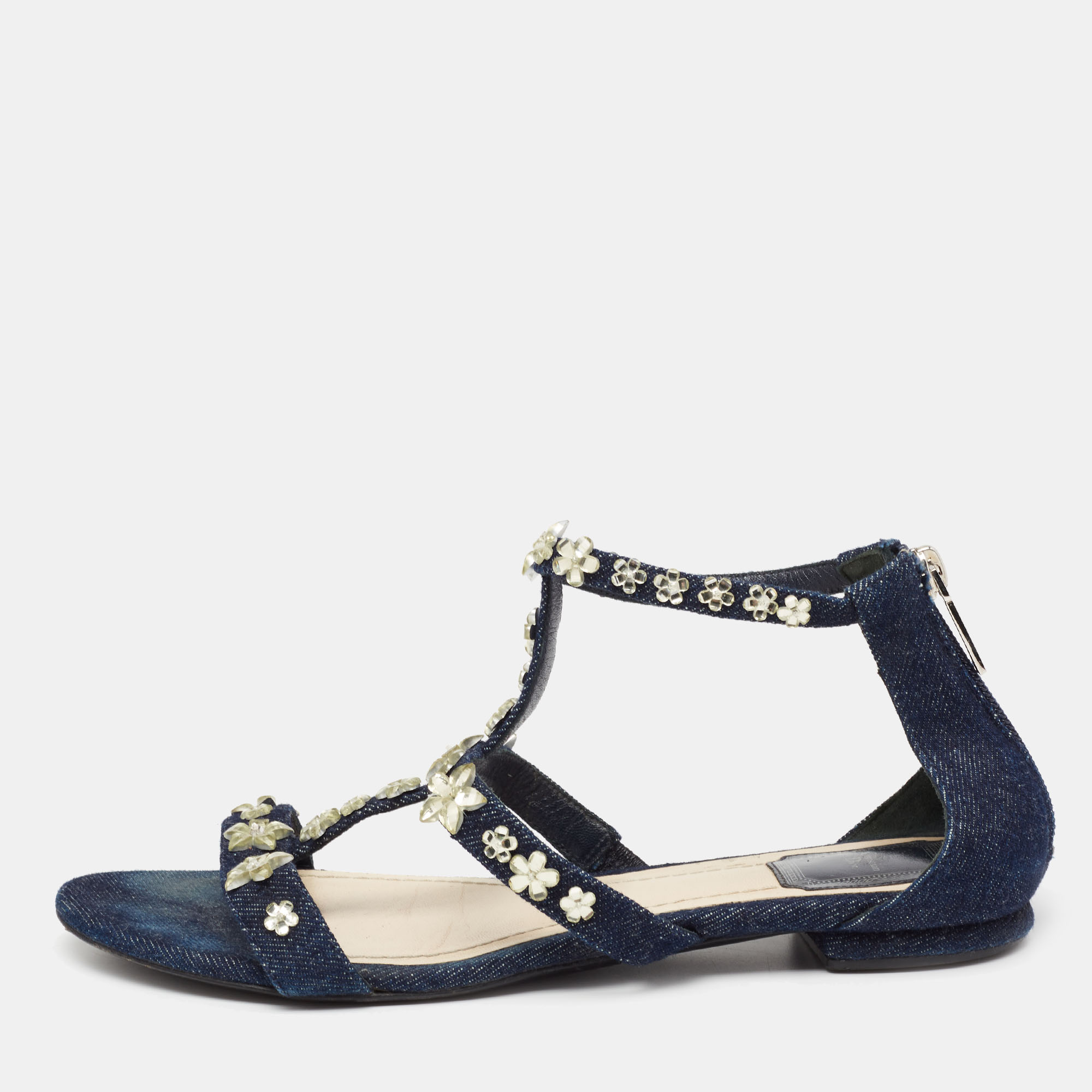 Dior Blue Denim Jewel Embellished Strappy Flat Sandals Size 38.5, Sandals - Luxury Closet