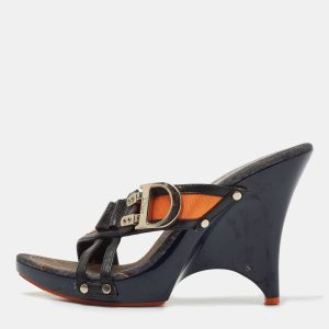 Dior Navy Blue/Orange Canvas and Leather  Wedge Sandals Size 38, Sandals - Luxury Closet