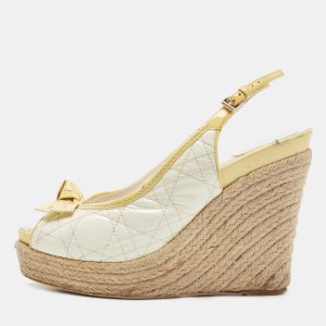 Dior White/Yellow Cannage Patent Leather Espadrille Wedge Slingback Sandals Size 41, Sandals - Luxury Closet