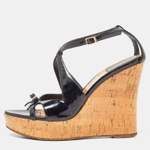 Christian Dior Black Patent Leather Dior Starlet Cork Wedge Sandals Size 39, Sandals - Luxury Closet