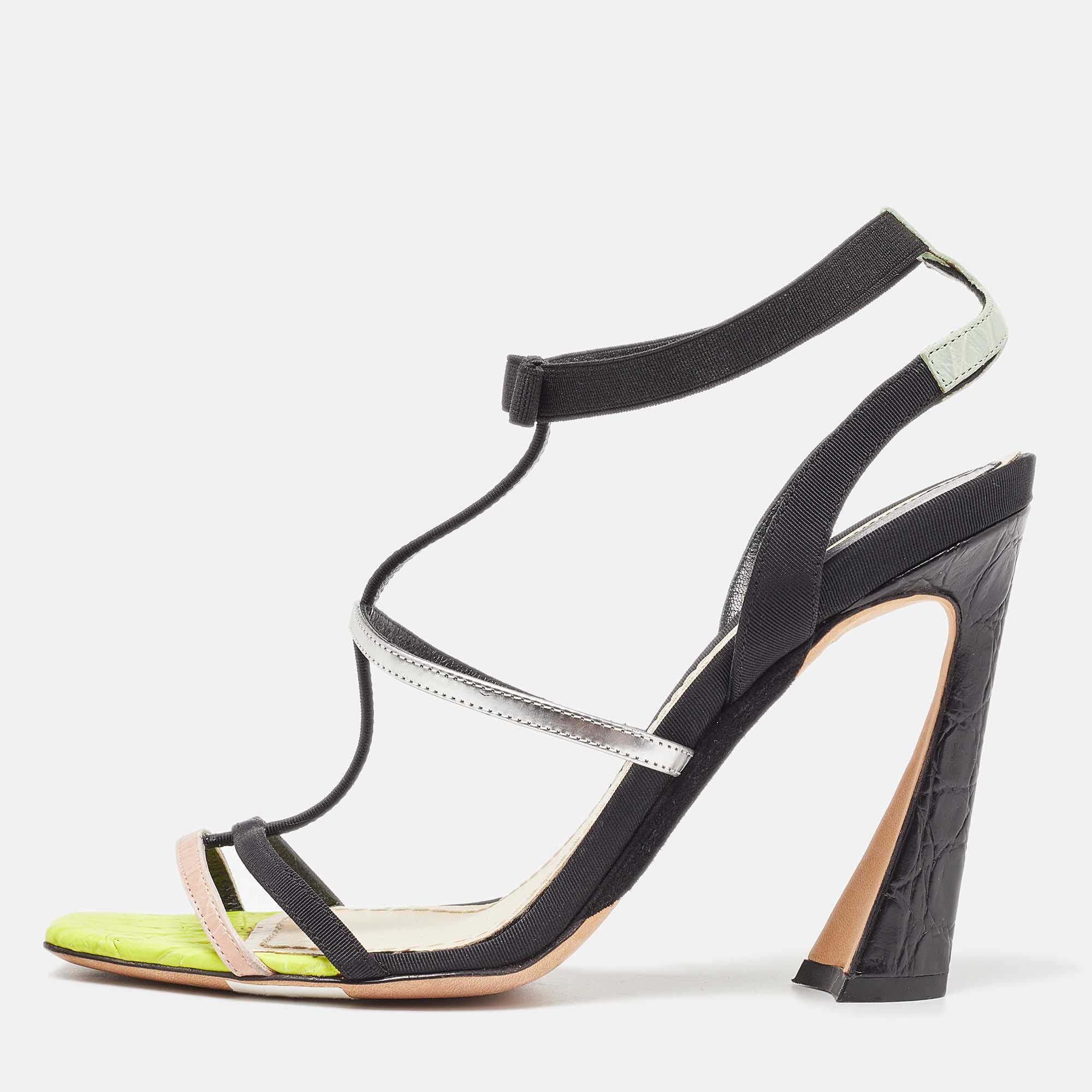 Dior Multicolor Croc Embossed Leather and Canvas Strappy Ankle Strap Sandals Size 37, Sandals - Luxury Closet