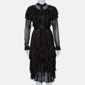 Dodo Bar Or Black Lurex Chiffon Ruffle Detail Tiered Belted Midi Dress M, Dresses - Luxury Closet