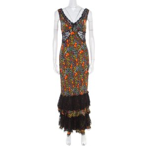 Dolce & Gabbana Multicolor Floral Print Silk Sheer Lace Insert Sleeveless Maxi Dress M, Dresses - Luxury Closet