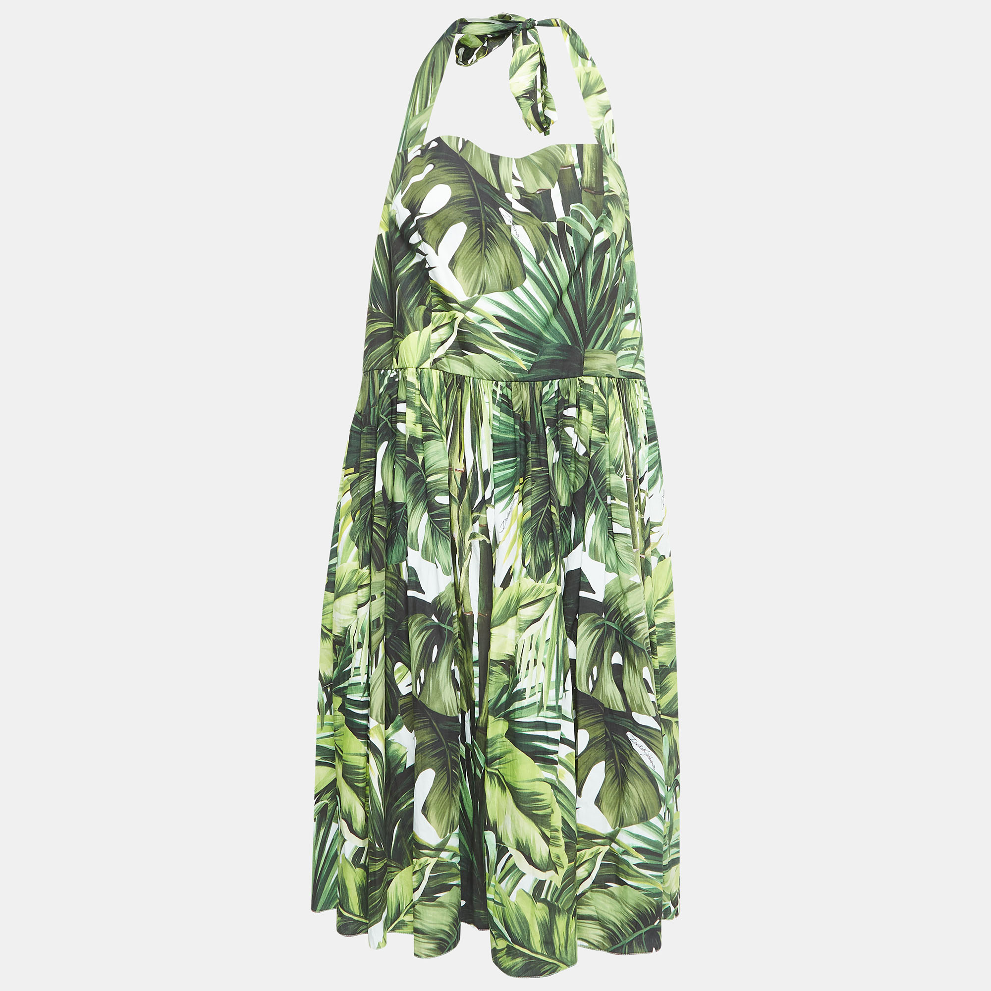 Dolce & Gabbana Green Leaves Print Cotton Halter Neck Short Dress 2XL, Dresses - Luxury Closet catalog