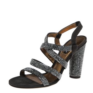 Dolce & Gabbana Dark Grey Suede Crystal Embellished Strappy Sandals Size 38.5, Sandals - Luxury Closet