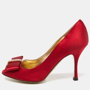 Dolce & Gabbana Red Satin Crystal Embellished Bow Peep Toe Pumps Size 37, Pumps - Luxury Closet catalog