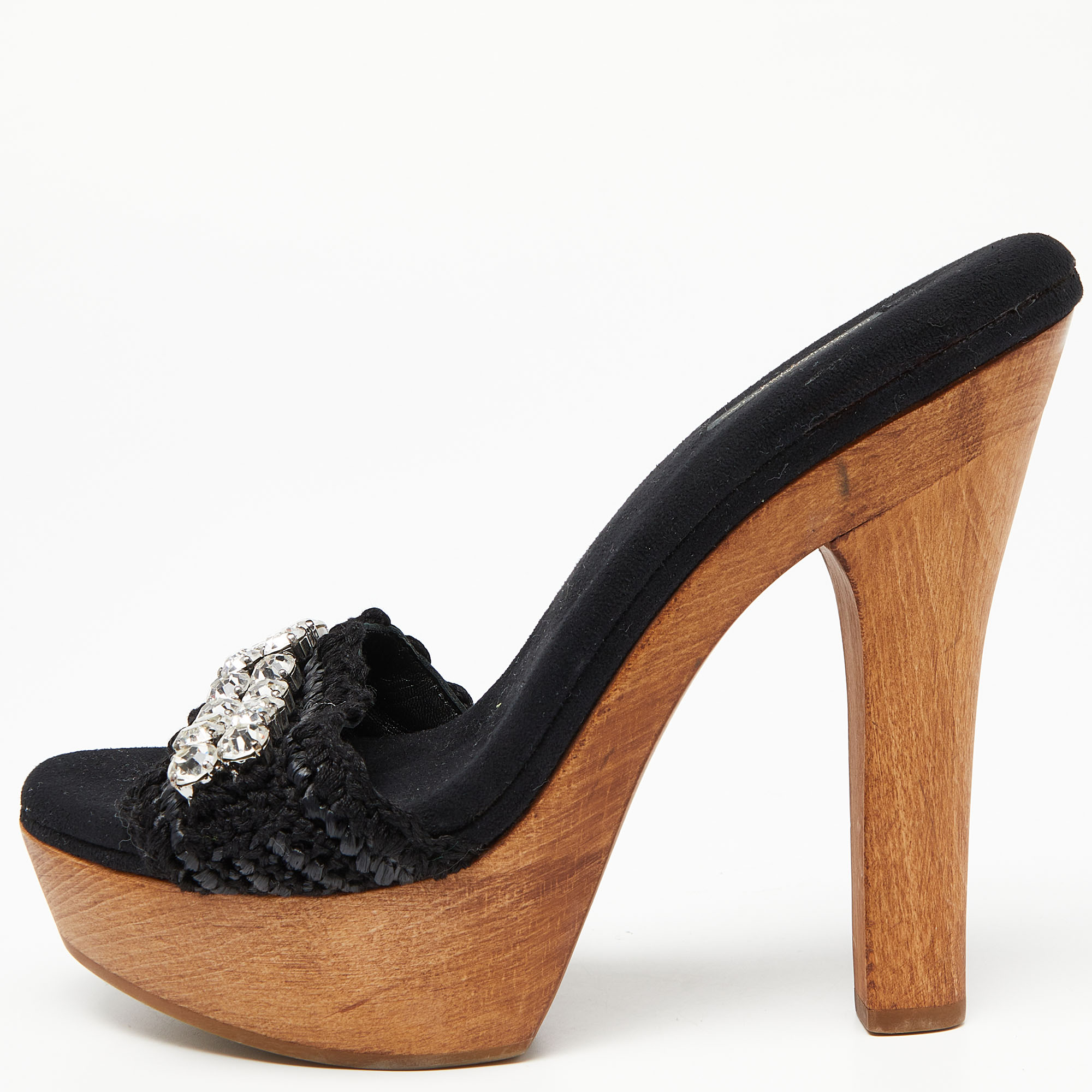 Dolce & Gabbana Black Woven Raffia and Fabric Crystal Embellished Platform Slide Sandals Size 38, Sandals - Luxury Closet