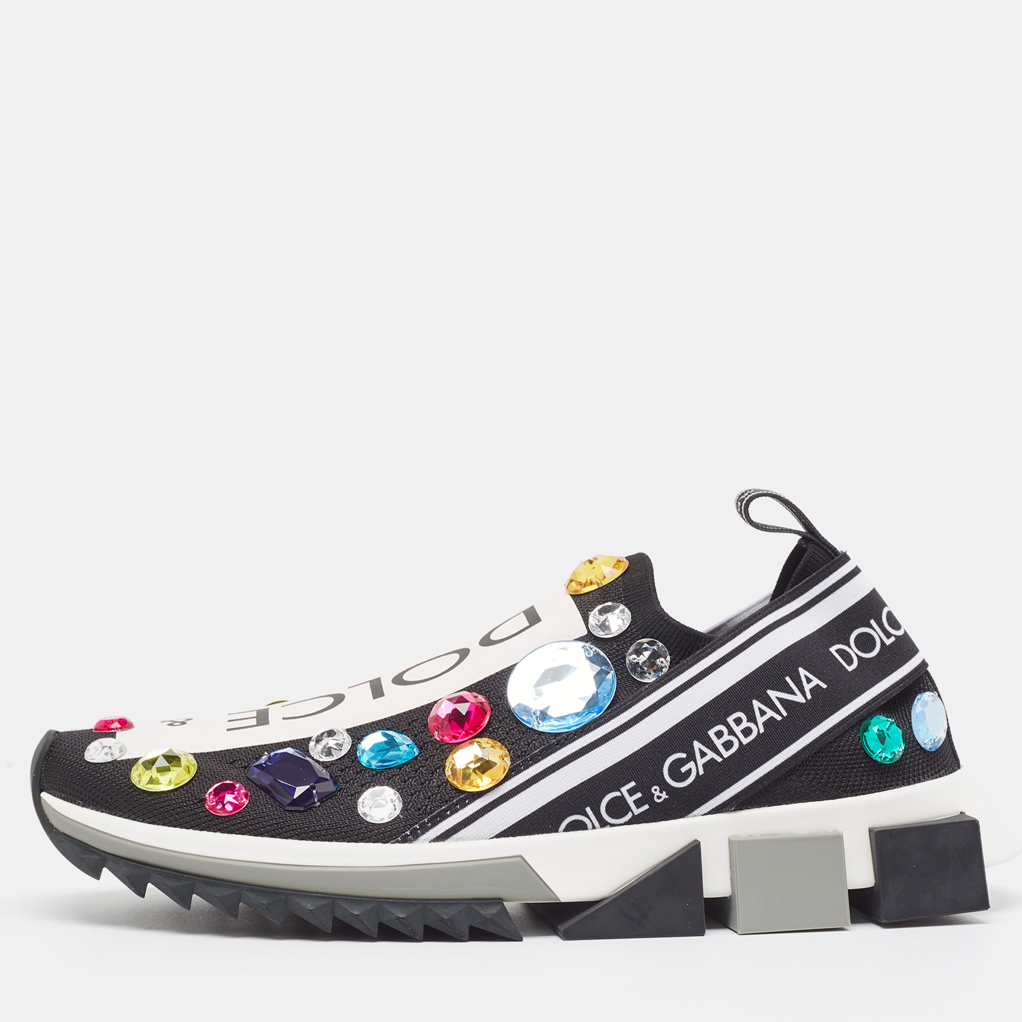 Dolce & Gabbana Black/White Knit Fabric Crystal Embellished Sorrento Sneakers Size 40, Athletic Shoes & Sneakers - Luxury Closet