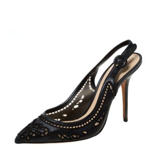 Dolce & Gabbana Black Leather And Lace Anglaise Slingback Sandals Size 39, Sandals - Luxury Closet